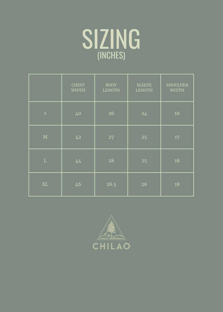 Sizing chart for the Chilao Long Pine in light wash denim