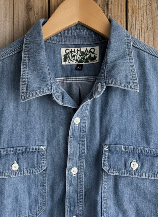 Close-up of Lone Pine light wash denim fabric and stitching detail