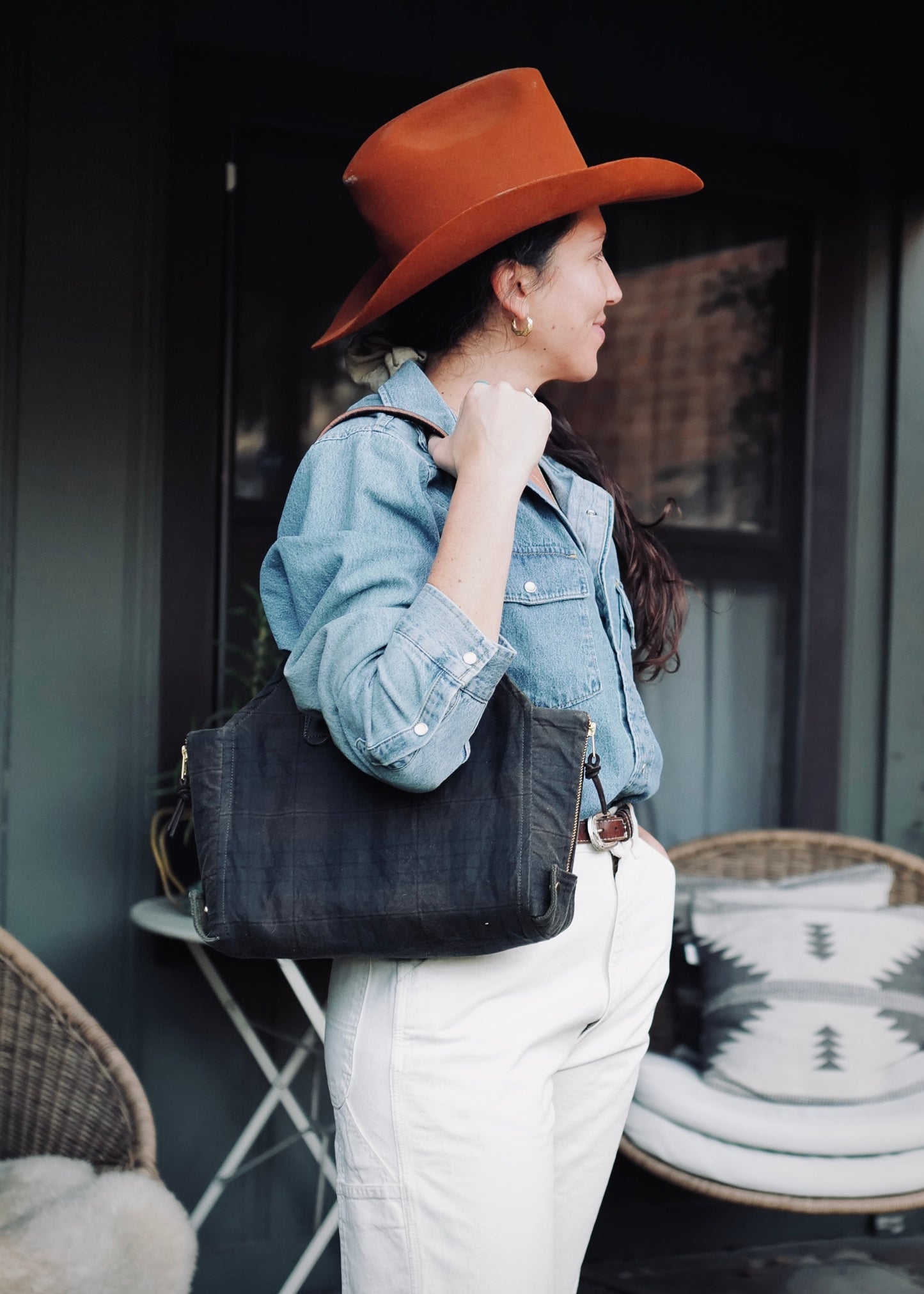 Mini Newcomb tote in plaid waxed canvas showing compact size