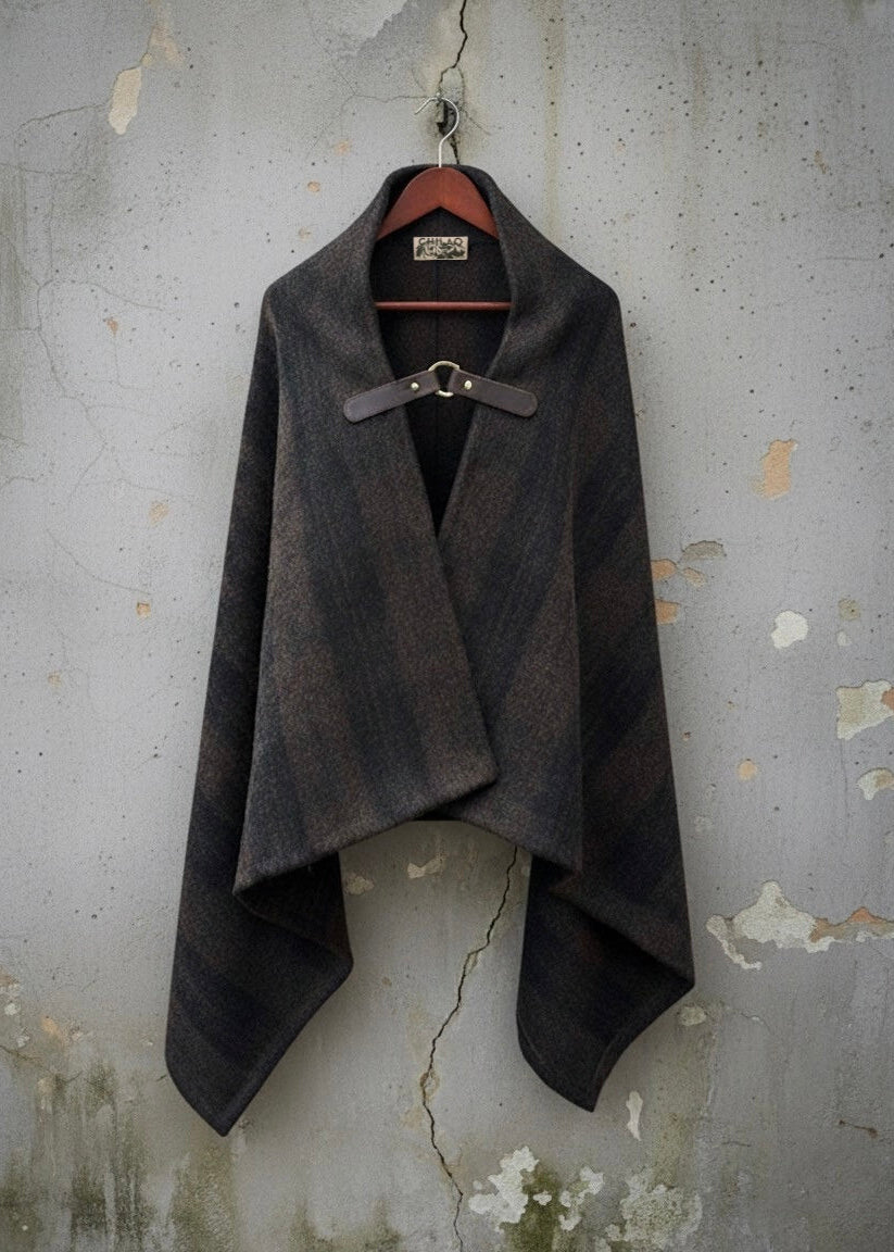 Pine Mountain Poncho in plaid American wool with leather clasp