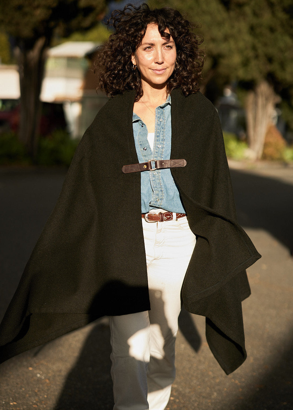 Pine Mountain Poncho in olive Italian wool with leather clasp