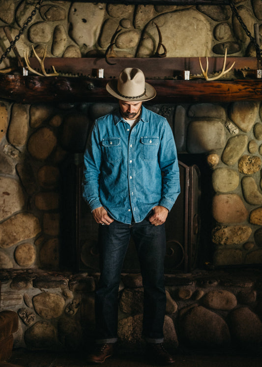 Lone Pine light wash denim shirt - front view showing corozo button detail