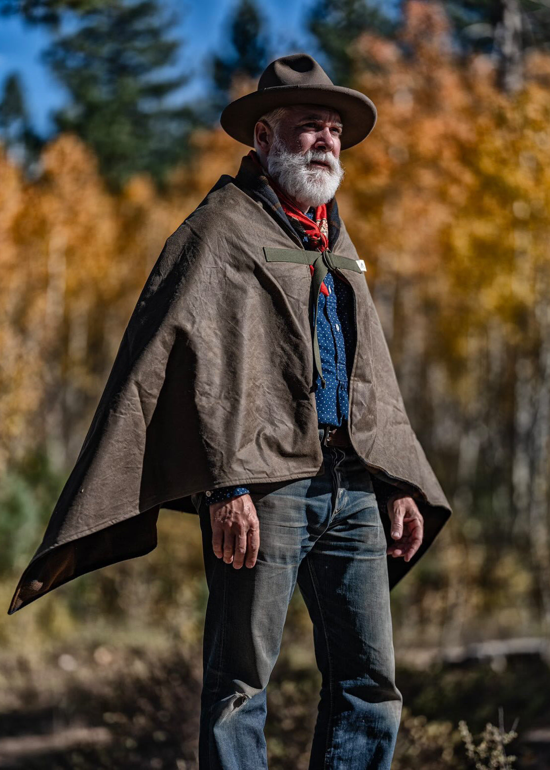Bandido Poncho in waxed canvas with Italian wool liner worn by Cory Piehowicz