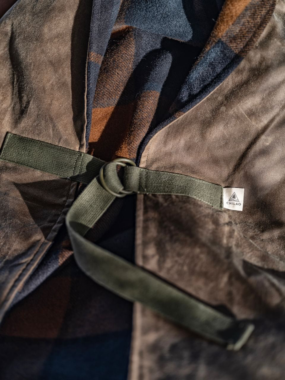 Bandido Poncho vintage military straps and 1940s hardware detail