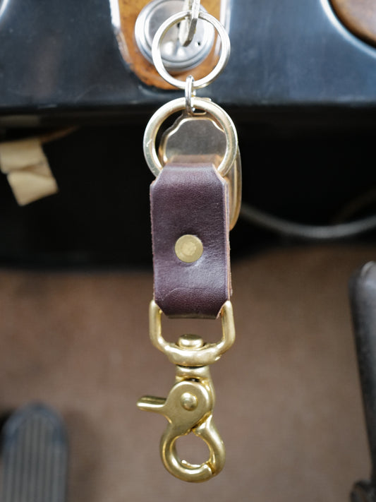 Brass and leather keychain with solid brass ring
