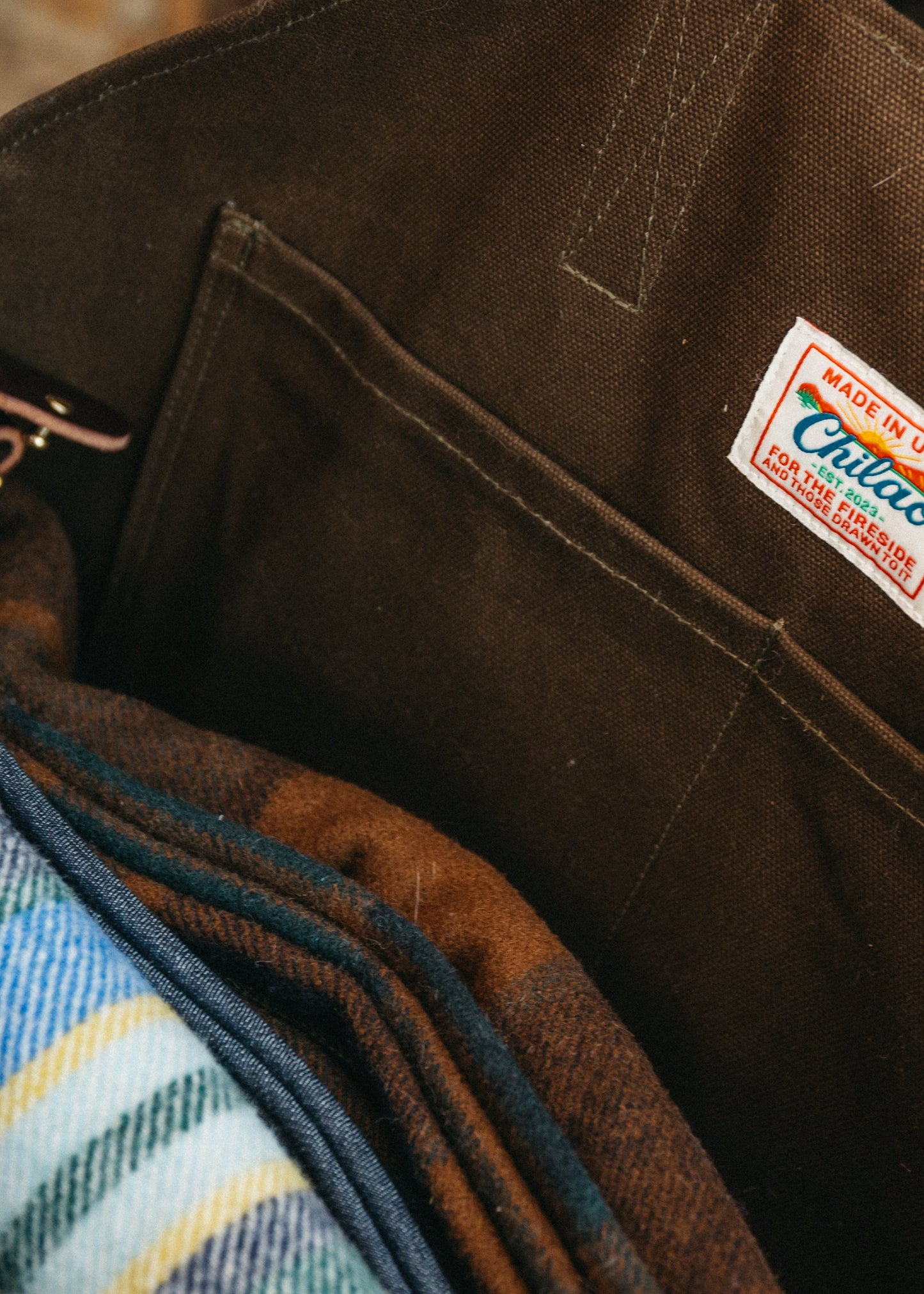 Newcomb tote detail - Wickett and Craig leather handles and beefy duck canvas interior