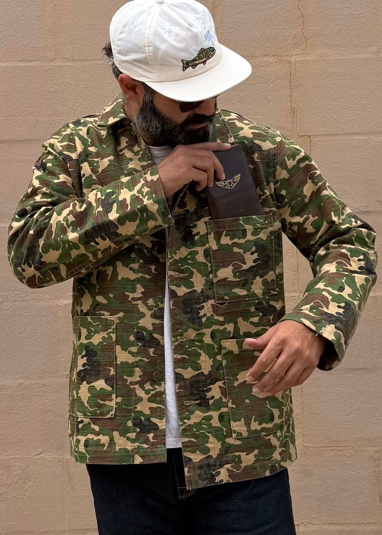Matt wearing the Chilao x Rivi Goods chore coat in camo