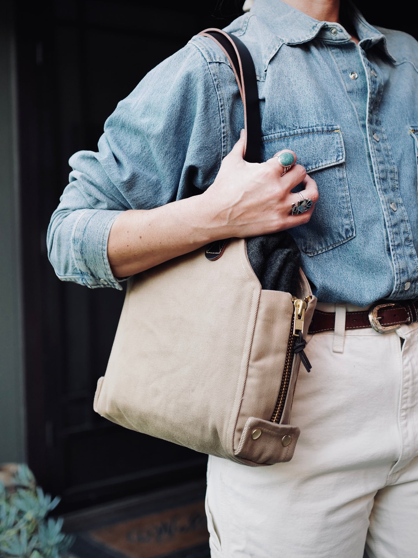 Mini Newcomb tote in khaki twill with leather handles from Wickett & Craig