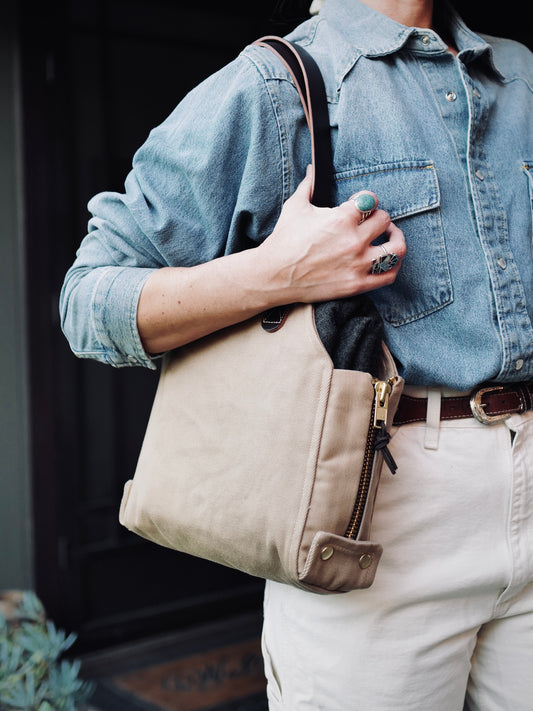 Mini Newcomb tote in khaki twill with leather handles from Wickett & Craig