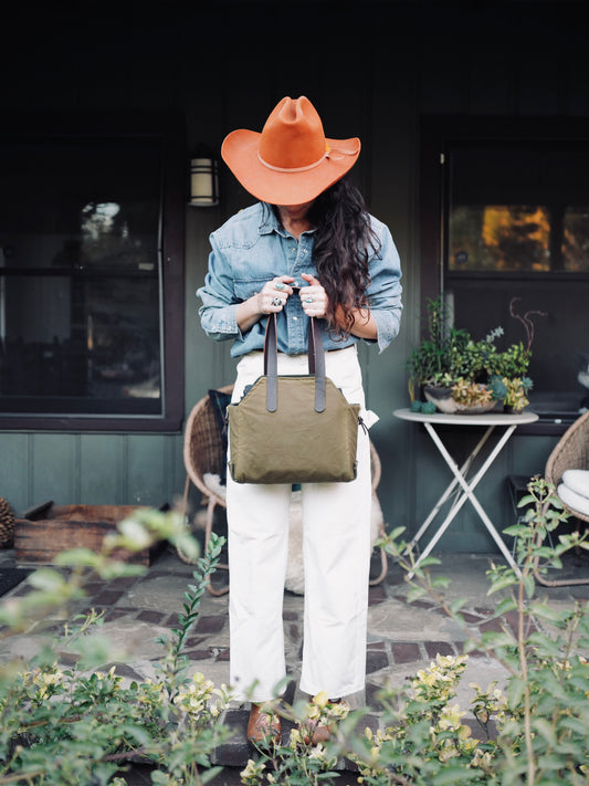 Mini Newcomb tote in waxed canvas with leather handles from Wickett & Craig