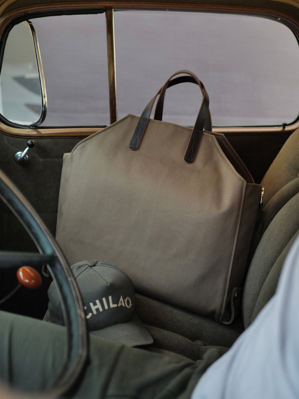 Newcomb log tote in sepia twill canvas with leather handles