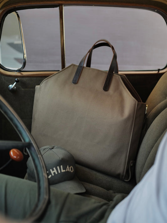 Newcomb log tote in sepia twill canvas with leather handles