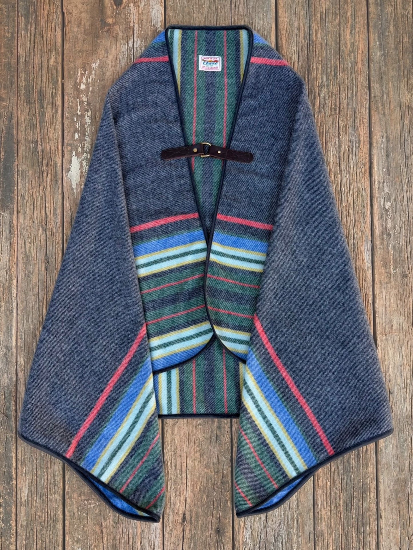 Pine Mountain Poncho in grey striped wool with leather clasp closure