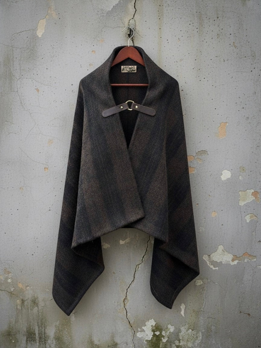 Pine Mountain Poncho in plaid American wool with leather clasp