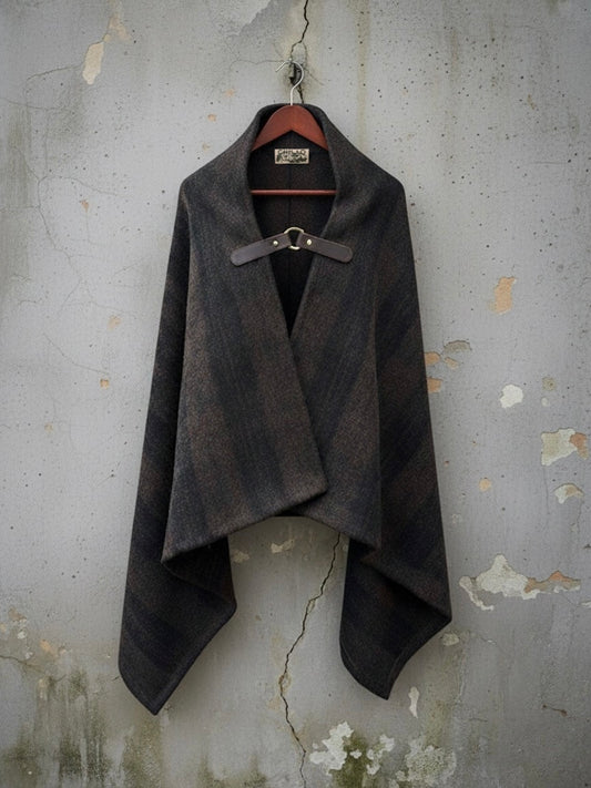 Pine Mountain Poncho in plaid American wool with leather clasp