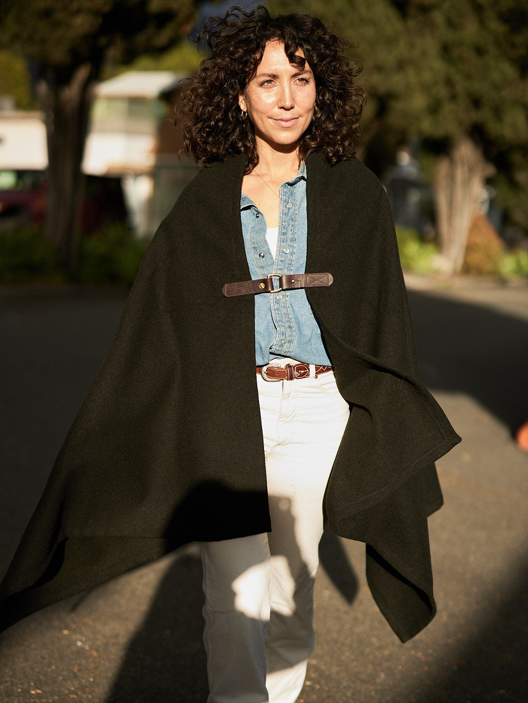 Pine Mountain Poncho in olive Italian wool with leather clasp